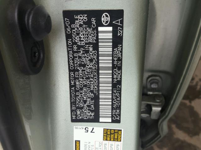 JTDKB20UX73275403 - 2007 TOYOTA PRIUS GREEN photo 10