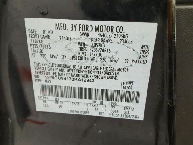 1FMCU94178KA12943 - 2008 FORD ESCAPE LIM BLACK photo 10