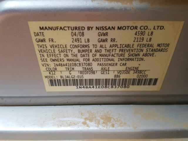 1N4BA41E08C837080 - 2008 NISSAN MAXIMA SE SILVER photo 10