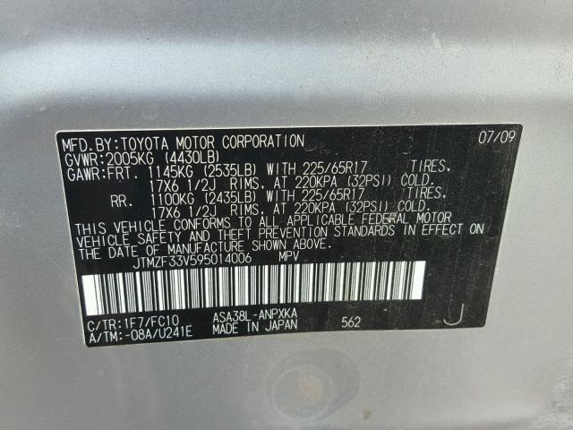 JTMZF33V595014006 - 2009 TOYOTA RAV4 SILVER photo 10