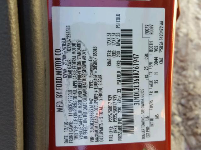 3LNDL2L36BR761947 - 2011 LINCOLN MKZ HYBRID RED photo 10