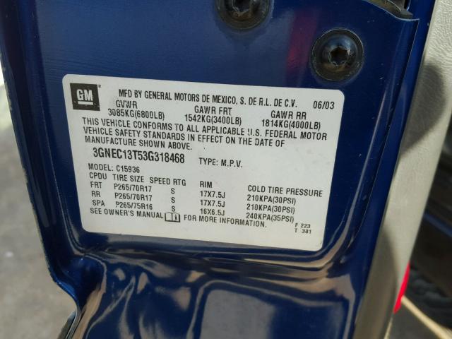 3GNEC13T53G318468 - 2003 CHEVROLET AVALANCHE BLUE photo 10