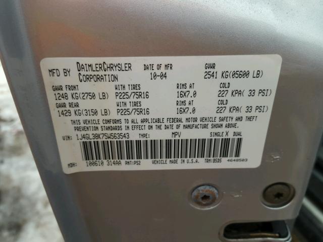 1J4GL38K75W563543 - 2005 JEEP LIBERTY RE SILVER photo 10