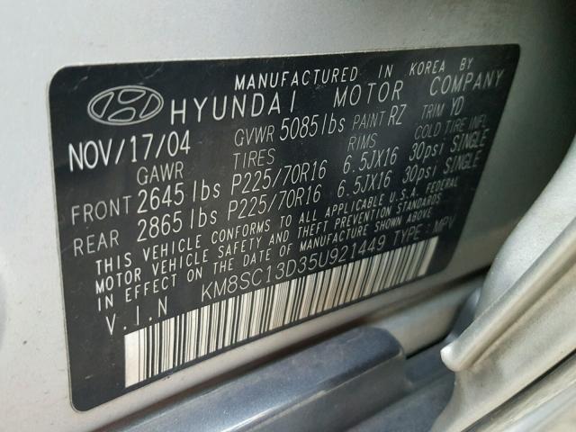 KM8SC13D35U921449 - 2005 HYUNDAI SANTA FE G SILVER photo 10