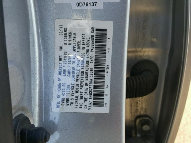 1HGCR2F35DA152096 - 2013 HONDA ACCORD LX SILVER photo 10