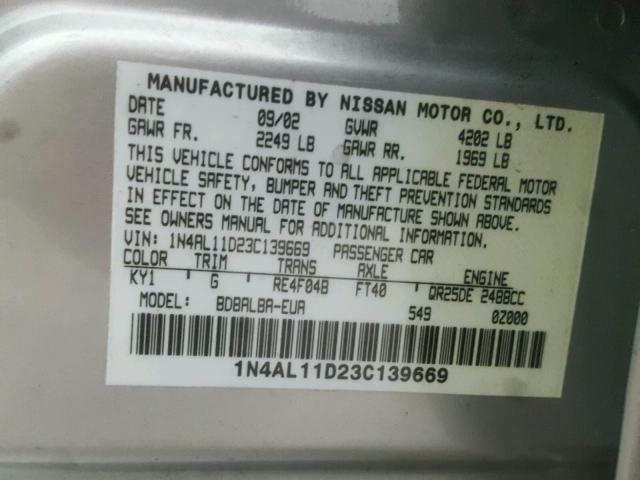 1N4AL11D23C139669 - 2003 NISSAN ALTIMA BAS SILVER photo 10