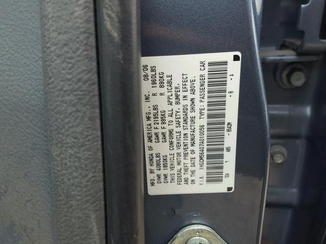 1HGCM56407A010056 - 2007 HONDA ACCORD LX BLUE photo 10