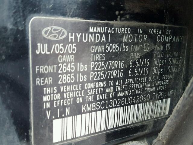 KM8SC13D26U042090 - 2006 HYUNDAI SANTA FE G BLACK photo 10