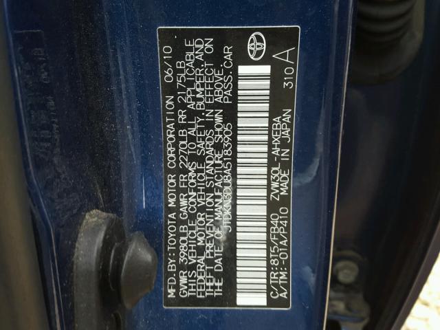 JTDKN3DU8A5183905 - 2010 TOYOTA PRIUS BLUE photo 10