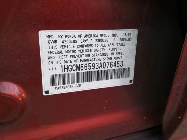 1HGCM66593A076453 - 2003 HONDA ACCORD EX BURGUNDY photo 10