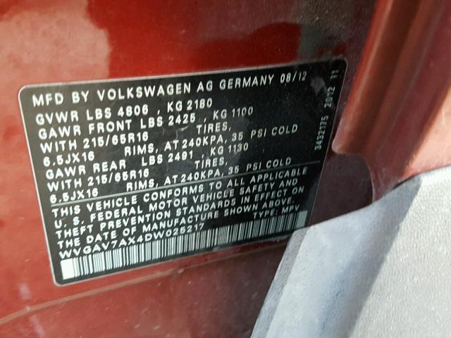 WVGAV7AX4DW025217 - 2013 VOLKSWAGEN TIGUAN S RED photo 10