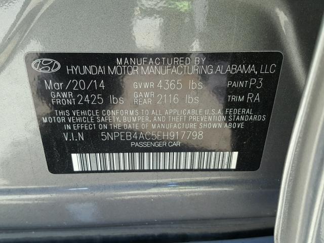 5NPEB4AC5EH917798 - 2014 HYUNDAI SONATA GLS GRAY photo 10