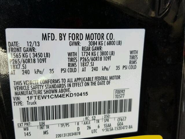 1FTEW1CM4EKD10415 - 2014 FORD F150 SUPER BLACK photo 10