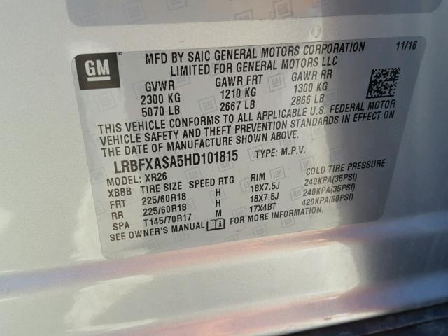 LRBFXASA5HD101815 - 2017 BUICK ENVISION P SILVER photo 10