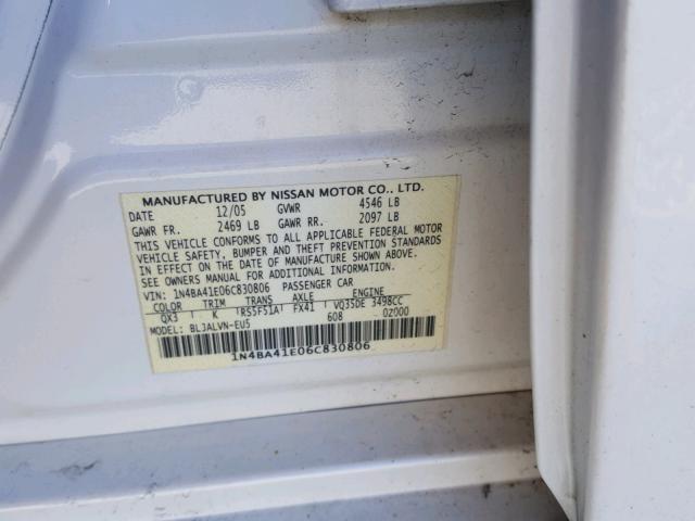 1N4BA41E06C830806 - 2006 NISSAN MAXIMA SE WHITE photo 10