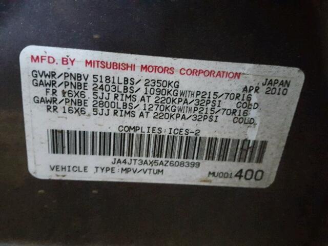 JA4JT3AX5AZ608399 - 2010 MITSUBISHI OUTLANDER GRAY photo 10