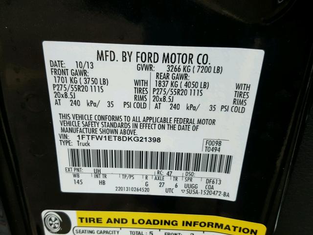 1FTFW1ET8DKG21398 - 2013 FORD F150 SUPER BLACK photo 10