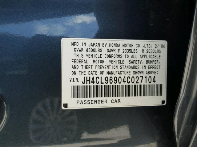 JH4CL96904C027104 - 2004 ACURA TSX BLUE photo 10