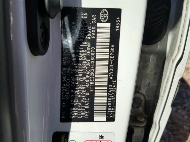 4T1BE32K34U360870 - 2004 TOYOTA CAMRY LE WHITE photo 10