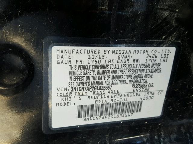 3N1CN7AP2GL835567 - 2016 NISSAN VERSA S BLACK photo 10