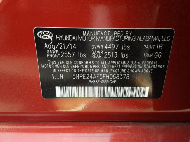 5NPE24AF5FH068378 - 2015 HYUNDAI SONATA SE RED photo 10