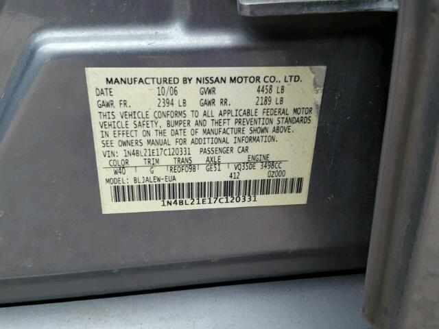 1N4BL21E17C120331 - 2007 NISSAN ALTIMA 3.5 GRAY photo 10