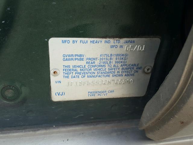 JF1SF65532H720899 - 2002 SUBARU FORESTER S GREEN photo 10