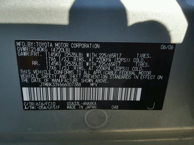 JTMBK33V666007388 - 2006 TOYOTA RAV4 GREEN photo 10