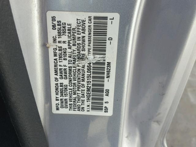 1HGEM21515L066466 - 2005 HONDA CIVIC LX SILVER photo 10