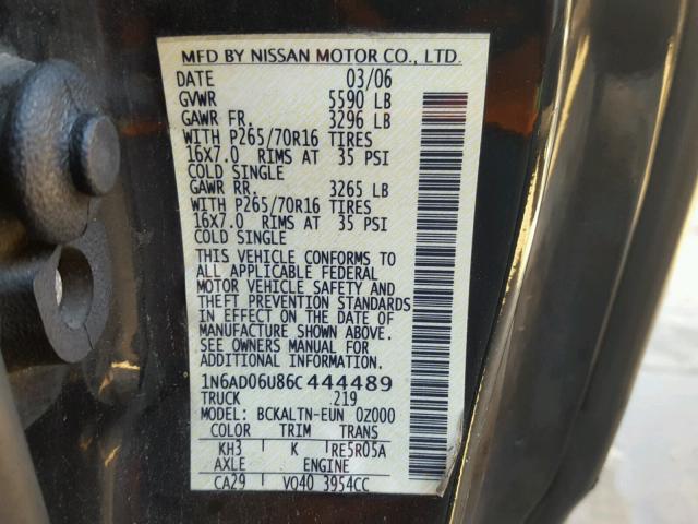 1N6AD06U86C444489 - 2006 NISSAN FRONTIER K BLACK photo 10