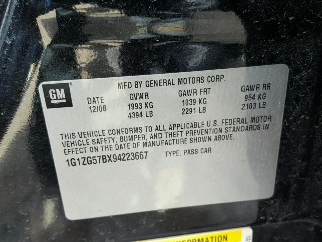 1G1ZG57BX94223667 - 2009 CHEVROLET MALIBU LS შავი ფოტო 10