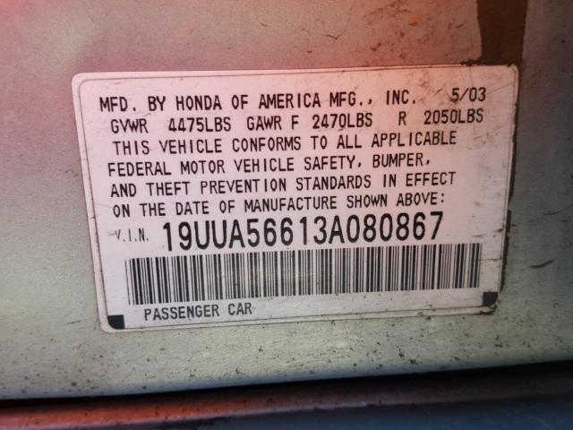 19UUA56613A080867 - 2003 ACURA 3.2TL SILVER photo 10