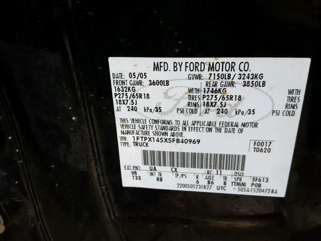 1FTPX145X5FB40969 - 2005 FORD F150 Schwarz Foto 10