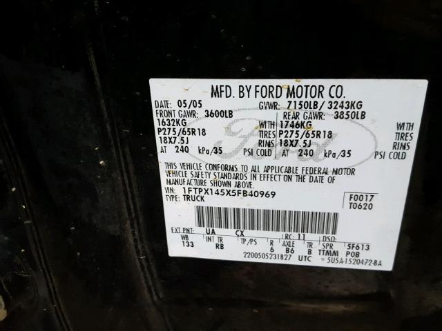 1FTPX145X5FB40969 - 2005 FORD F150 BLACK photo 10