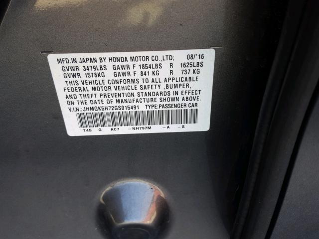 JHMGK5H72GS015491 - 2016 HONDA FIT EX GRAY photo 10