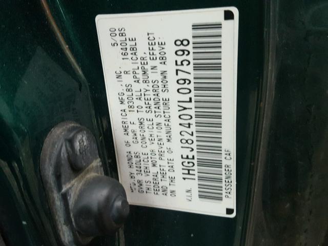 1HGEJ8240YL097598 - 2000 HONDA CIVIC EX GREEN photo 10