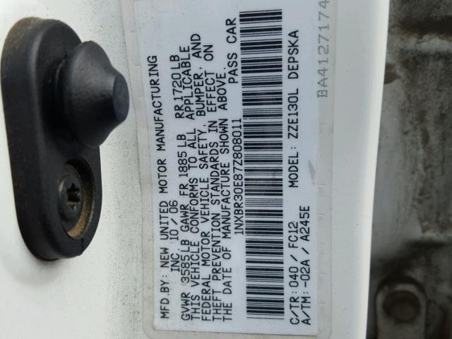 1NXBR30E87Z808011 - 2007 TOYOTA COROLLA CE WHITE photo 10