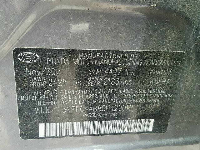 5NPEC4AB8CH429012 - 2012 HYUNDAI SONATA SE GRAY photo 10