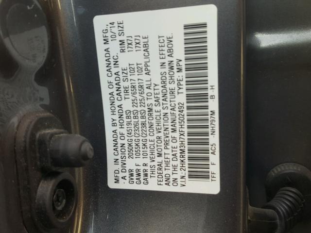 2HKRM3H7XFH502492 - 2015 HONDA CR-V EXL GRAY photo 10