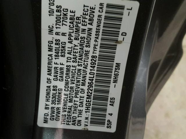 1HGEM22964L014928 - 2004 HONDA CIVIC EX ნაცრისფერი ფოტო 10