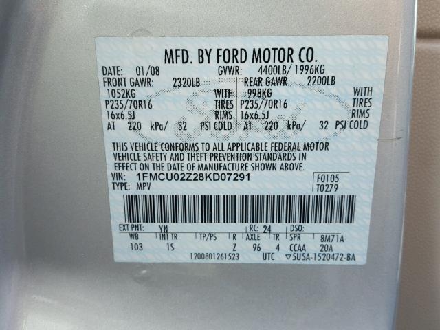 1FMCU02Z28KD07291 - 2008 FORD ESCAPE XLS SILVER photo 10