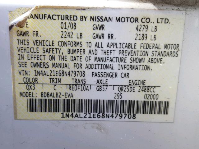 1N4AL21E68N479708 - 2008 NISSAN ALTIMA 2.5 WHITE photo 10