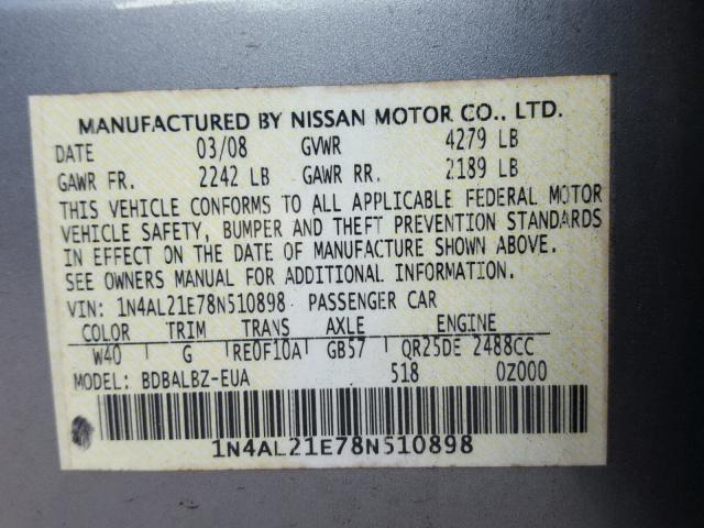 1N4AL21E78N510898 - 2008 NISSAN ALTIMA 2.5 GRAY photo 10