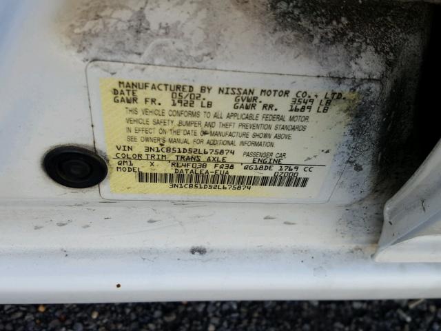 3N1CB51D52L675874 - 2002 NISSAN SENTRA XE WHITE photo 10