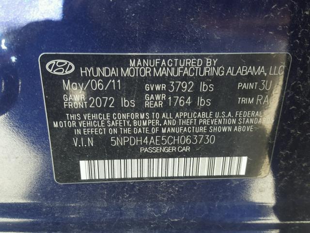 5NPDH4AE5CH063730 - 2012 HYUNDAI ELANTRA GL BLUE photo 10