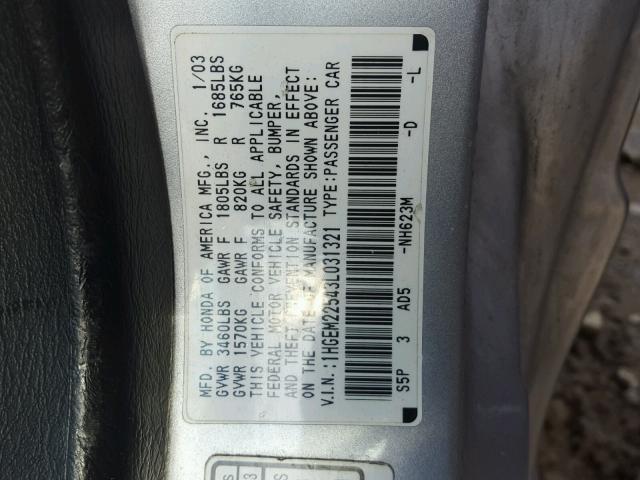 1HGEM22543L031321 - 2003 HONDA CIVIC LX SILVER photo 10