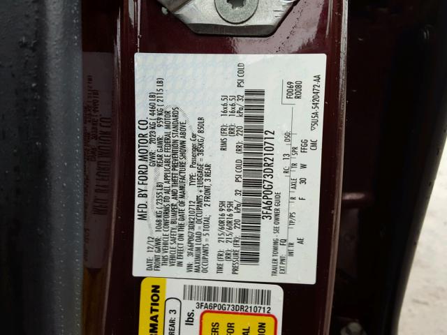 3FA6P0G73DR210712 - 2013 FORD FUSION S BURGUNDY photo 10