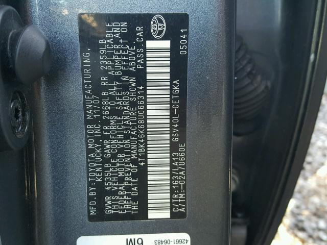 4T1BK46K68U066314 - 2008 TOYOTA CAMRY LE CHARCOAL photo 10