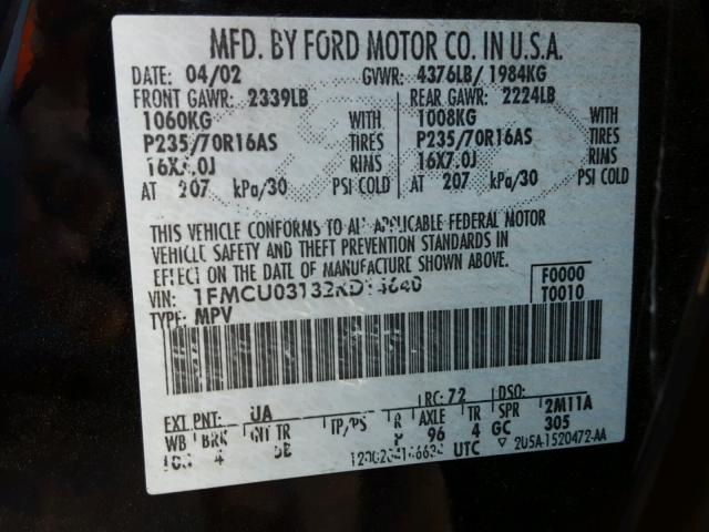 1FMCU03132KD14640 - 2002 FORD ESCAPE XLT BLACK photo 10