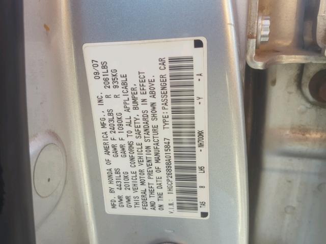 1HGCP26898A015847 - 2008 HONDA ACCORD EXL SILVER photo 10